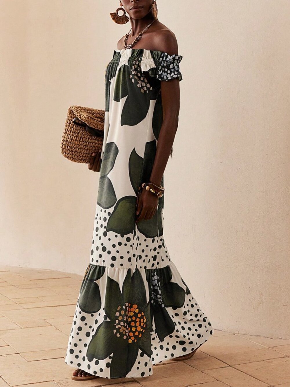 Multicolor Boho Women's Floral Print Off-Shoulder maxi Dress - Picture 7 of 7
